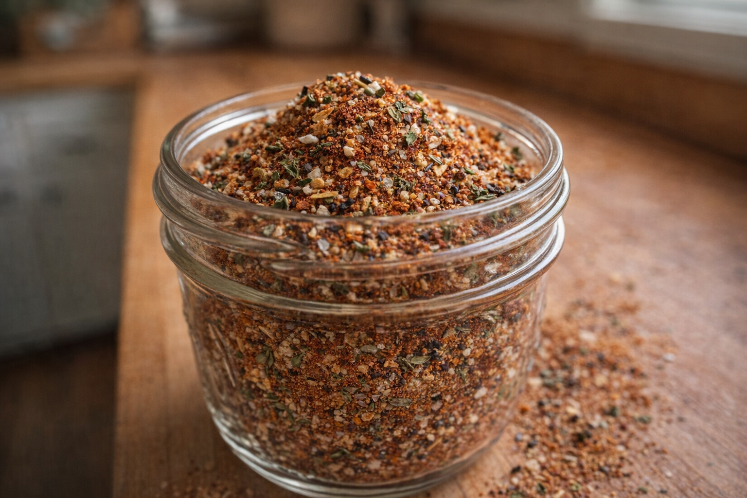 A vibrant close-up shot of homemade Cajun seasoning in a glass jar, showcasing the various spices and herbs, warm natural lighting